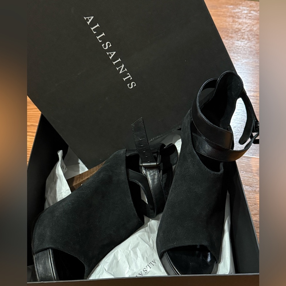 All Saints Black Suede Heels